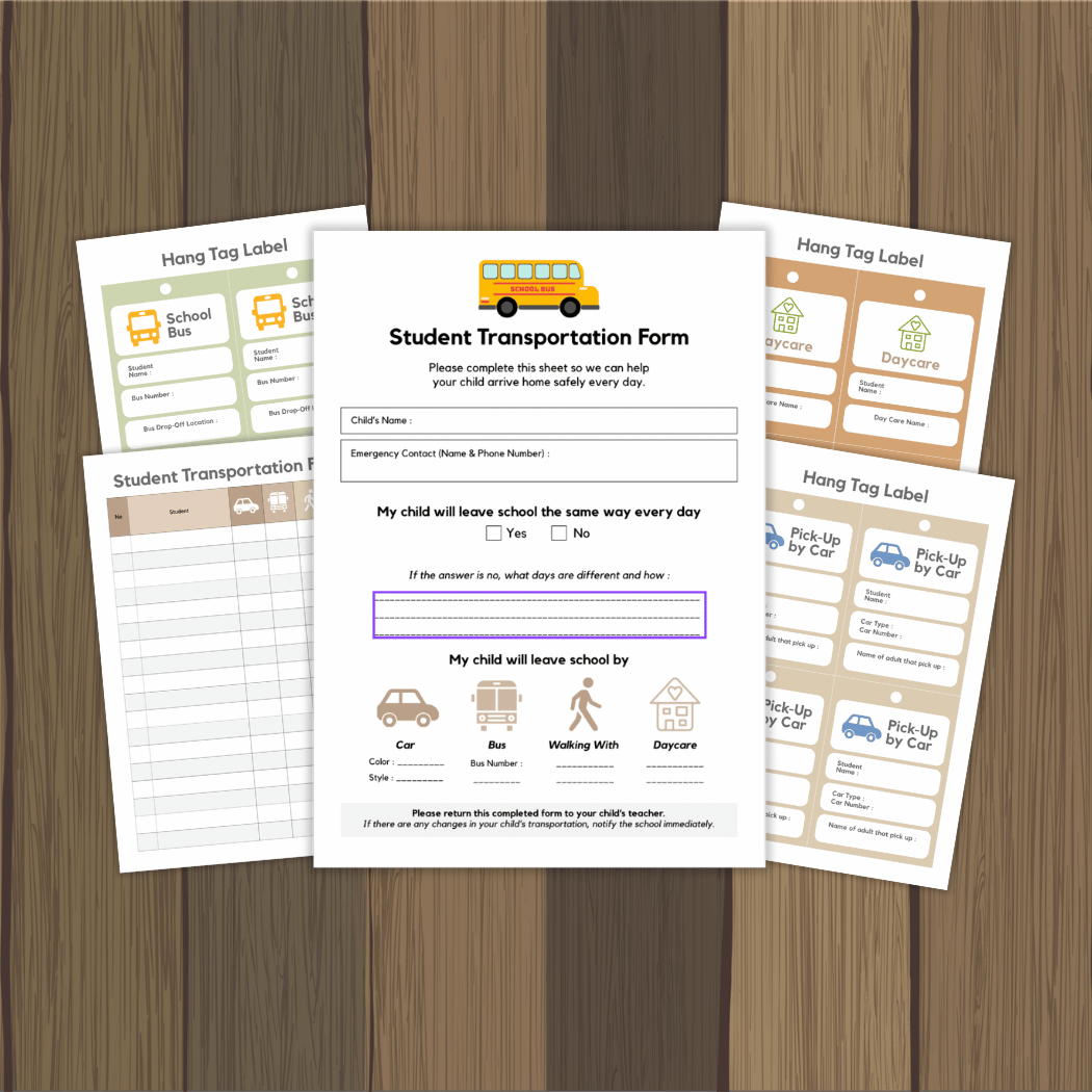 Student Transportation Form and Hang Tag Label Back to School Dismissal Routine Printable