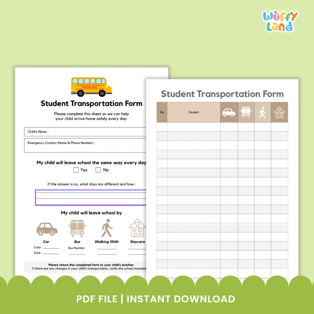 Student Transportation Form and Hang Tag Label Back to School Dismissal Routine Printable