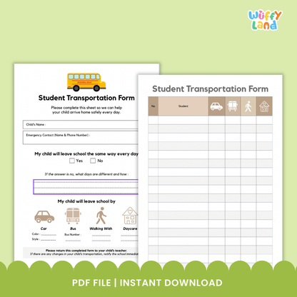 Student Transportation Form and Hang Tag Label Back to School Dismissal Routine Printable