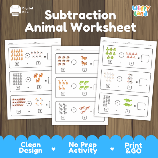 Subtraction animal worksheets printable math pack overview from Wuffy Land featuring picture counting subtraction equations within 20 🦔🦓