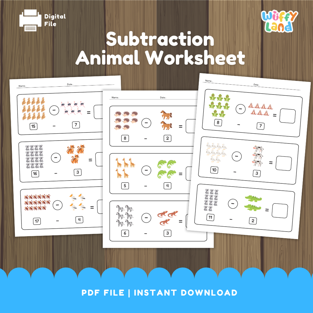 Set of printable worksheets titled “Subtraction Animal Worksheet” on a wood background. Each page shows subtraction problems using groups of animals—tigers, birds, hedgehogs, horses, giraffes, chameleons, zebras, frogs, penguins, and crocodiles—with numerals beneath (e.g., 15–7, 10–3, 11–2) and blank boxes for students to write the answers. Designed for early learners to practice subtracting with pictures