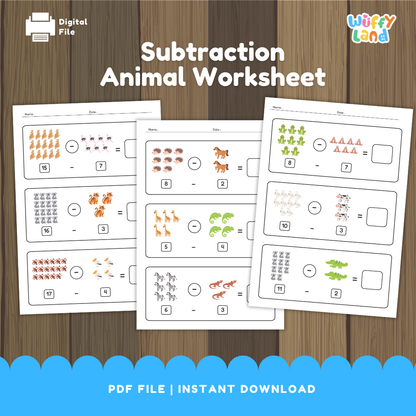 Set of printable worksheets titled “Subtraction Animal Worksheet” on a wood background. Each page shows subtraction problems using groups of animals—tigers, birds, hedgehogs, horses, giraffes, chameleons, zebras, frogs, penguins, and crocodiles—with numerals beneath (e.g., 15–7, 10–3, 11–2) and blank boxes for students to write the answers. Designed for early learners to practice subtracting with pictures