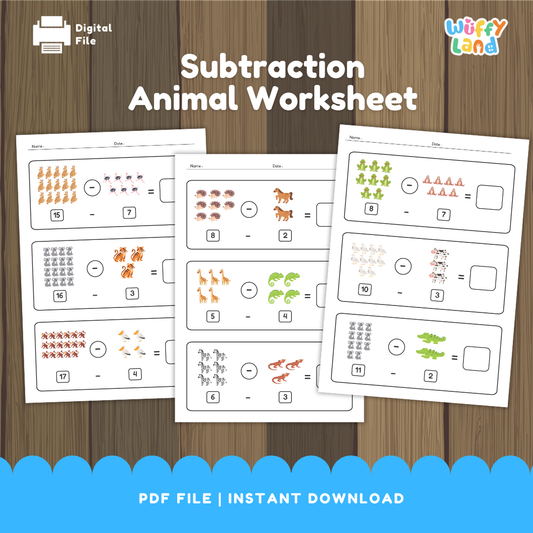 Set of printable worksheets titled “Subtraction Animal Worksheet” on a wood background. Each page shows subtraction problems using groups of animals—tigers, birds, hedgehogs, horses, giraffes, chameleons, zebras, frogs, penguins, and crocodiles—with numerals beneath (e.g., 15–7, 10–3, 11–2) and blank boxes for students to write the answers. Designed for early learners to practice subtracting with pictures