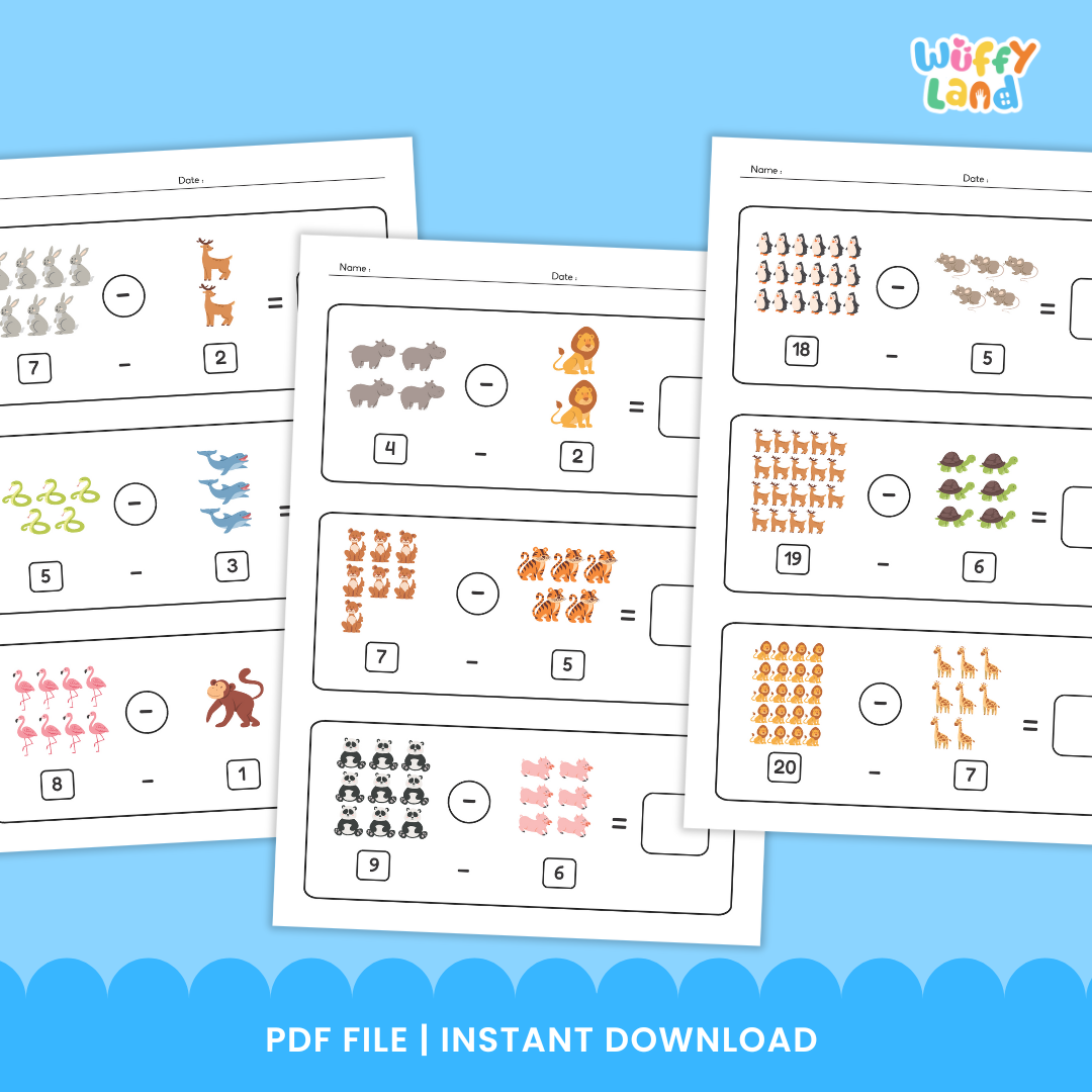 Set of printable worksheets titled “Subtraction Animal Worksheet” on a wood background. Each page shows subtraction problems using groups of animals—tigers, birds, hedgehogs, horses, giraffes, chameleons, zebras, frogs, penguins, and crocodiles—with numerals beneath (e.g., 15–7, 10–3, 11–2) and blank boxes for students to write the answers. Designed for early learners to practice subtracting with pictures