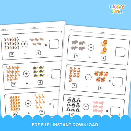 Set of printable worksheets titled “Subtraction Animal Worksheet” on a wood background. Each page shows subtraction problems using groups of animals—tigers, birds, hedgehogs, horses, giraffes, chameleons, zebras, frogs, penguins, and crocodiles—with numerals beneath (e.g., 15–7, 10–3, 11–2) and blank boxes for students to write the answers. Designed for early learners to practice subtracting with pictures