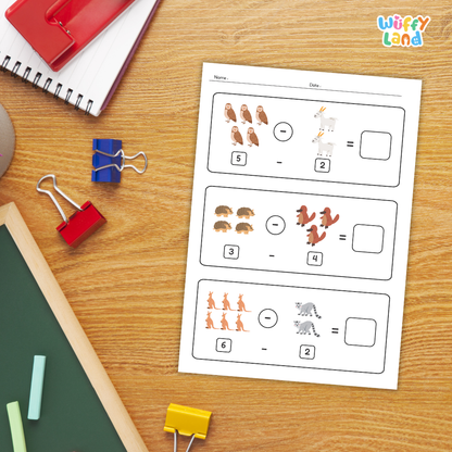 Set of printable worksheets titled “Subtraction Animal Worksheet” on a wood background. Each page shows subtraction problems using groups of animals—tigers, birds, hedgehogs, horses, giraffes, chameleons, zebras, frogs, penguins, and crocodiles—with numerals beneath (e.g., 15–7, 10–3, 11–2) and blank boxes for students to write the answers. Designed for early learners to practice subtracting with pictures