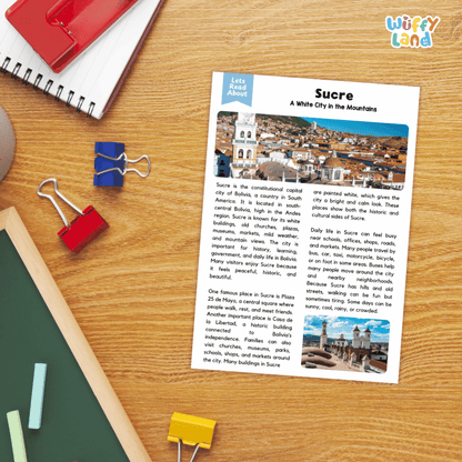 Lined reading comprehension question worksheet covering main ideas vocabulary terms and landmark facts about Sucre Bolivia