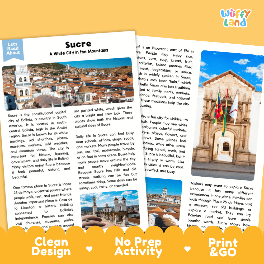 Reference sheet and answer key for Sucre landmark reading passage displaying completed comprehension answers and South American geography facts
