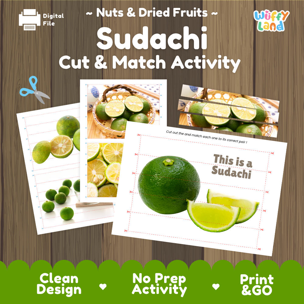 Sudachi cut and match activity cover showing printable fine motor puzzle sheets and citrus photographs