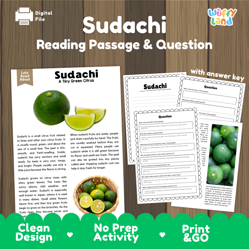 Sudachi reading comprehension passage and questions printable activity pack with answer key for elementary students