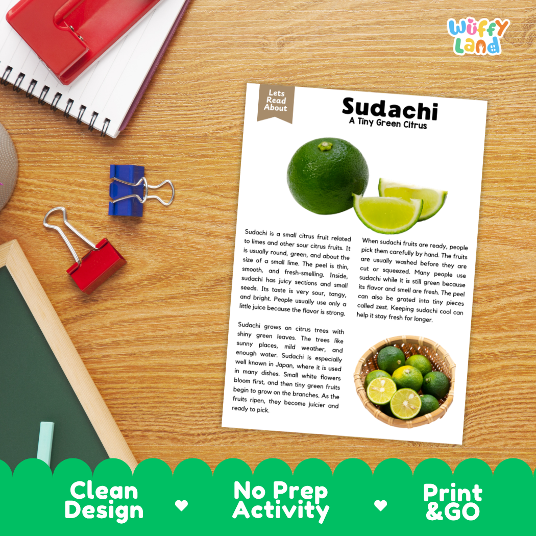 Student reading comprehension worksheet with short-answer questions and lined sections about sudachi citrus fruit
