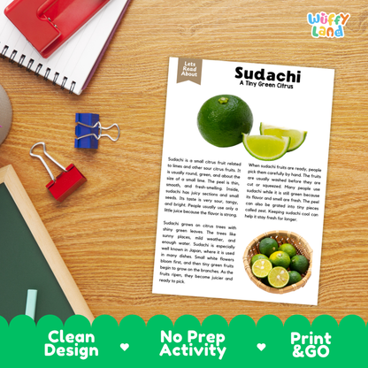 Student reading comprehension worksheet with short-answer questions and lined sections about sudachi citrus fruit