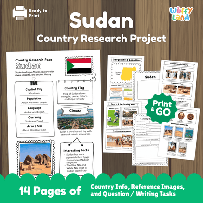 A country research project for Sudan, including sections on its capital city, population, language, currency, and climate. The project also features details about Sudan's traditional clothes, music, sports, and famous landmarks. A map of Sudan is included, along with fun facts about the country's geography and culture.