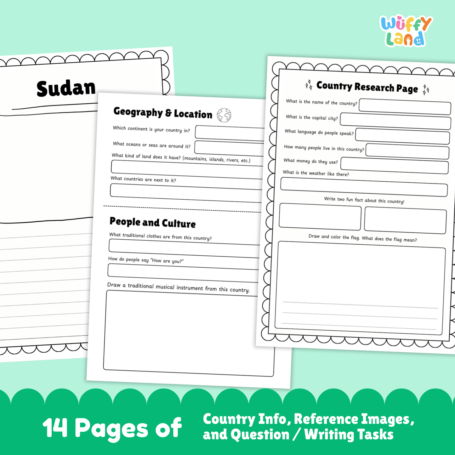 A country research project for Sudan, including sections on its capital city, population, language, currency, and climate. The project also features details about Sudan's traditional clothes, music, sports, and famous landmarks. A map of Sudan is included, along with fun facts about the country's geography and culture.