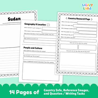 A country research project for Sudan, including sections on its capital city, population, language, currency, and climate. The project also features details about Sudan's traditional clothes, music, sports, and famous landmarks. A map of Sudan is included, along with fun facts about the country's geography and culture.