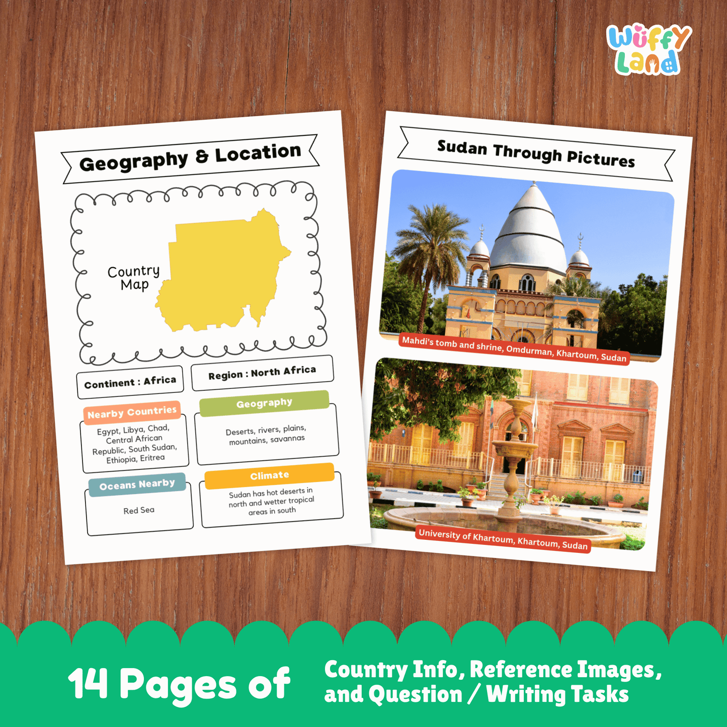 A country research project for Sudan, including sections on its capital city, population, language, currency, and climate. The project also features details about Sudan's traditional clothes, music, sports, and famous landmarks. A map of Sudan is included, along with fun facts about the country's geography and culture.