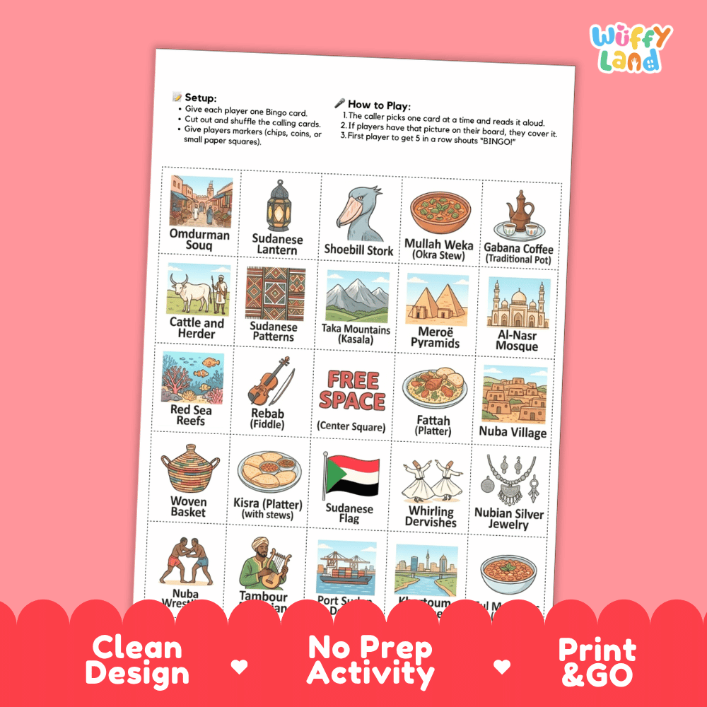 Sudan Geography BINGO Game | Sudanese Culture and Landmarks Printable Activity