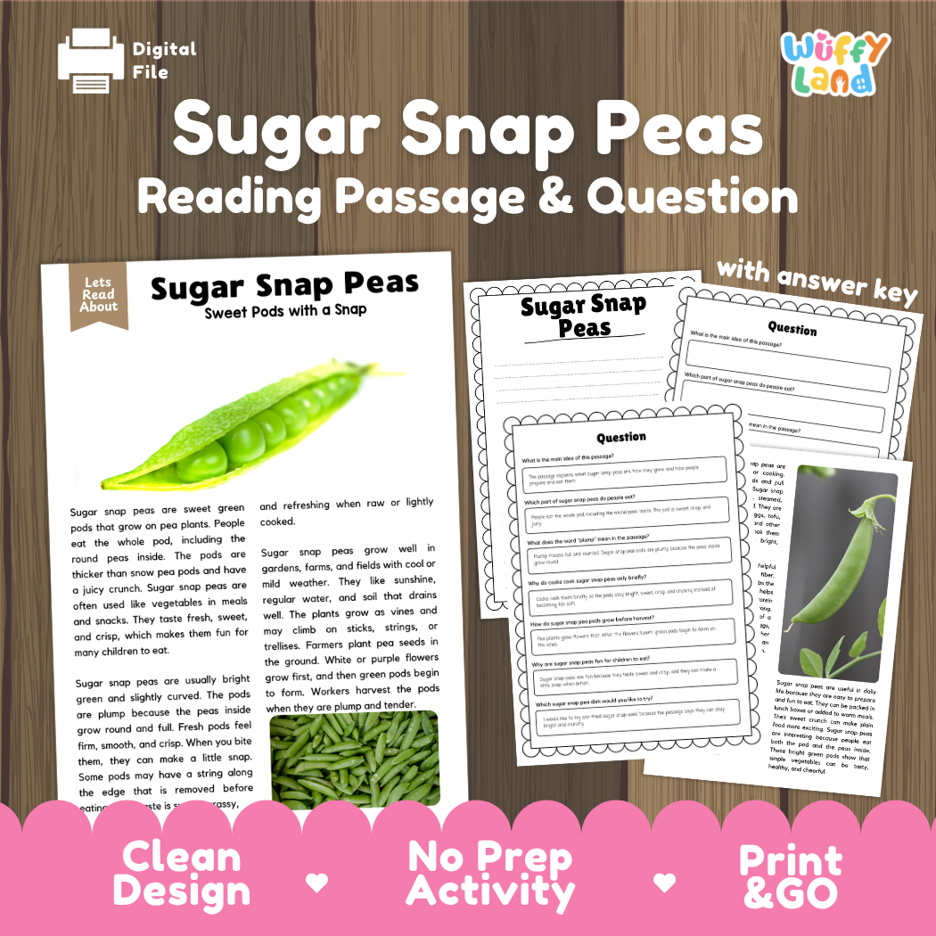 Sugar snap peas reading comprehension passage and questions printable activity pack with answer key for elementary students