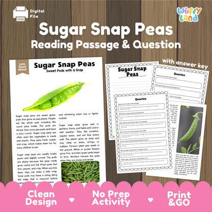 Sugar snap peas reading comprehension passage and questions printable activity pack with answer key for elementary students