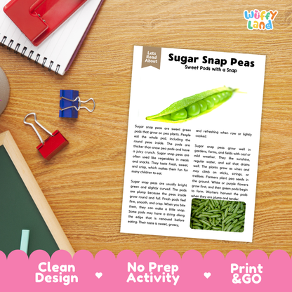 Student reading comprehension worksheet with short-answer questions and lined sections about sugar snap peas