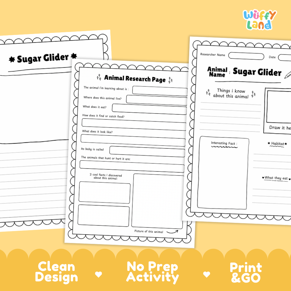 Three printable worksheet pages for an animal research activity themed around a sugar glider, displayed on a yellow background with marketing text at the bottom.
