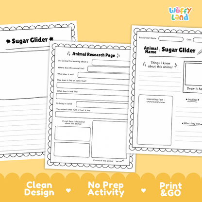 Three printable worksheet pages for an animal research activity themed around a sugar glider, displayed on a yellow background with marketing text at the bottom.