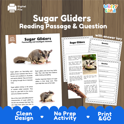 Digital reading activity product for 'Sugar Gliders Reading Passage & Question' featuring a lesson passage, worksheet questions, and a sample answer key, displayed on a wood background with promotional text at the bottom.