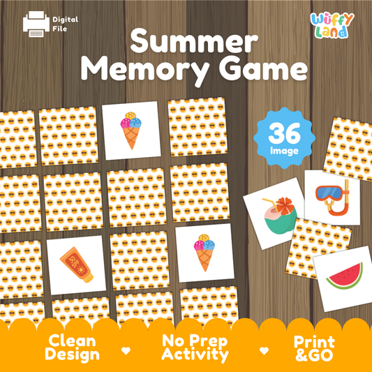Summer memory game cover showing 36 images with sun-pattern card backs and beach vacation matching tiles
