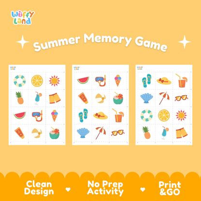 Memory card grid layout showing sunglasses sun patterned card backs and flipped ice cream and sunscreen cards