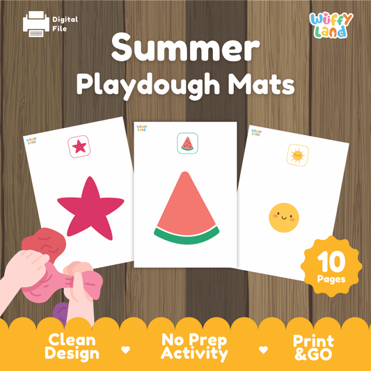 Summer playdough mats printable fine motor sensory activity pack overview from Wuffy Land featuring 10 pages ☀️🍉