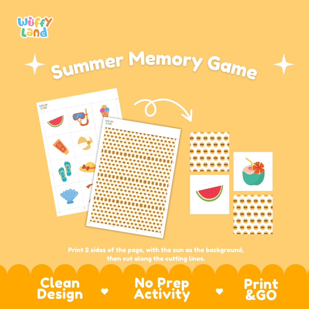 Printable square cards showing coconut drink snorkel mask sunscreen and watermelon slice illustrations