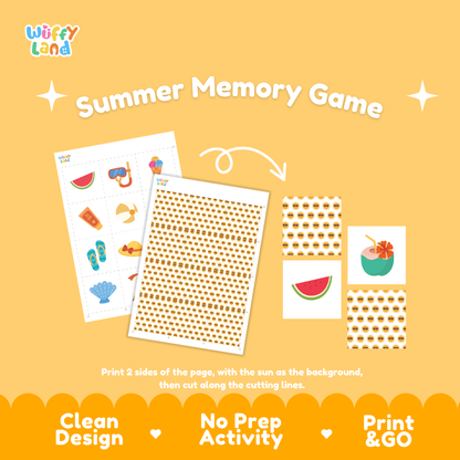 Printable square cards showing coconut drink snorkel mask sunscreen and watermelon slice illustrations