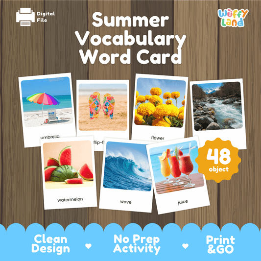Summer vocabulary word card printable seasonal literacy and flashcard activity pack overview from Wuffy Land featuring 48 objects 🏖️☀️