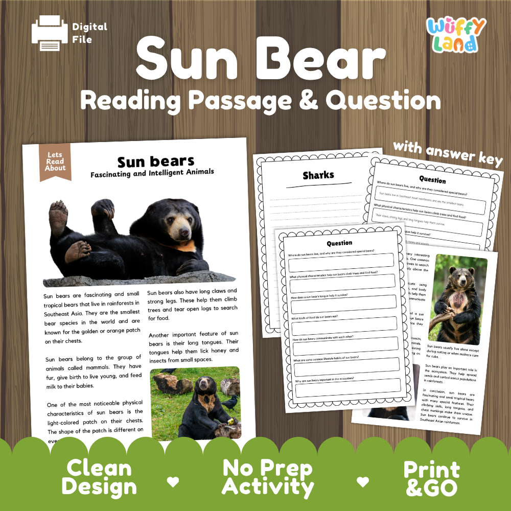 Sun Bear Reading Passage and Comprehension Questions Worksheets with Answer Key