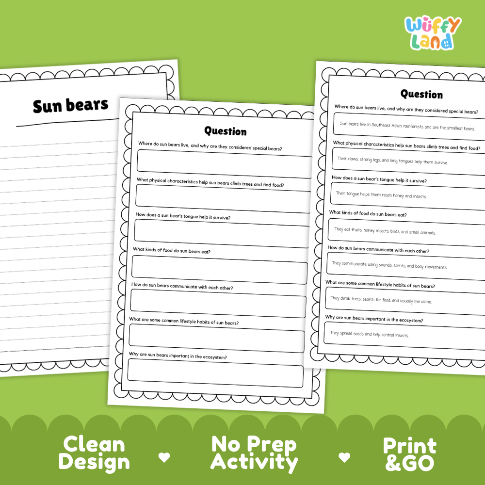 Sun Bear Reading Passage and Comprehension Questions Worksheets with Answer Key