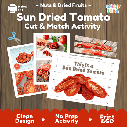 Sun Dried Tomato Cut and Match Activity Worksheets | Nuts and Dried Fruits Puzzle Printables