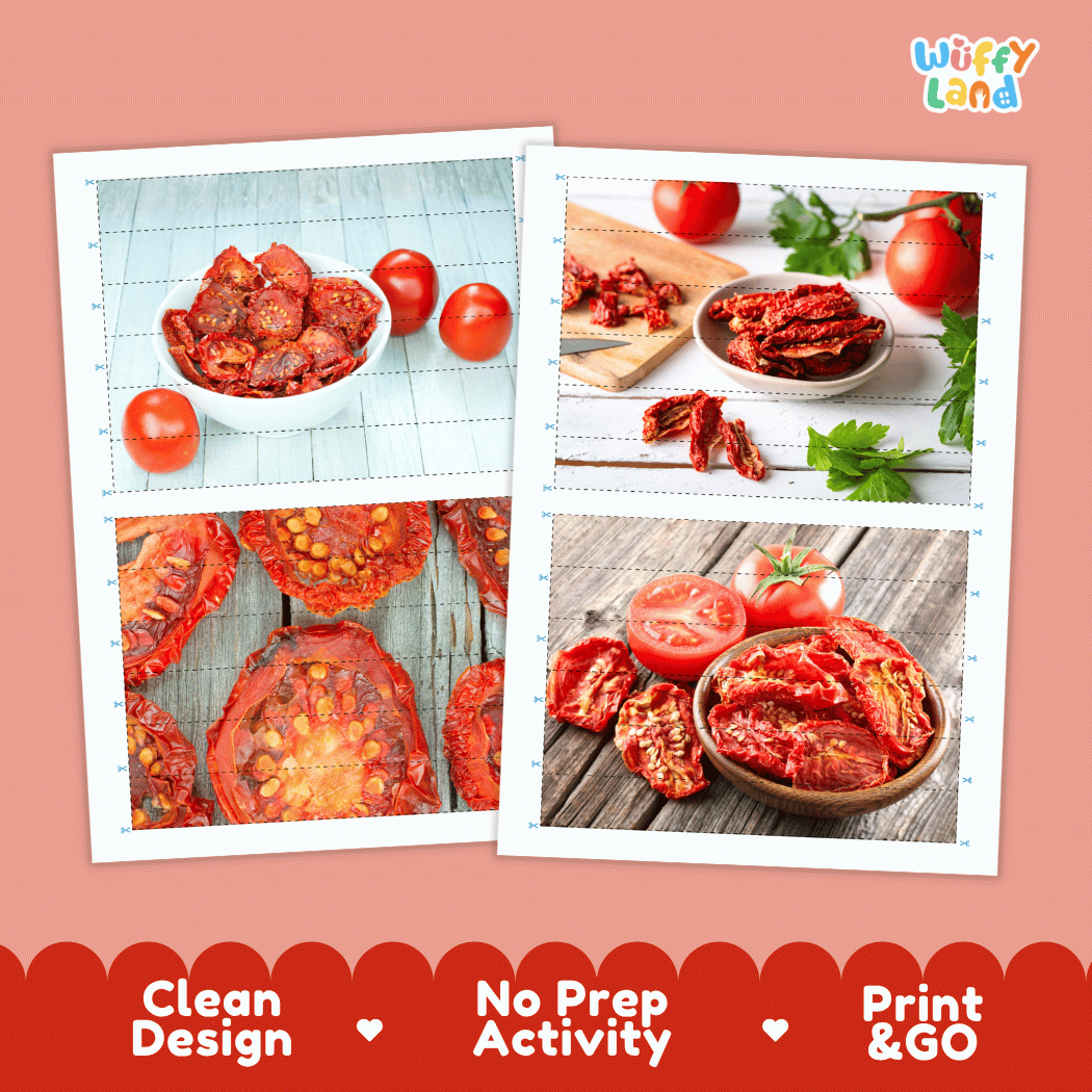 Sun Dried Tomato Cut and Match Activity Worksheets | Nuts and Dried Fruits Puzzle Printables