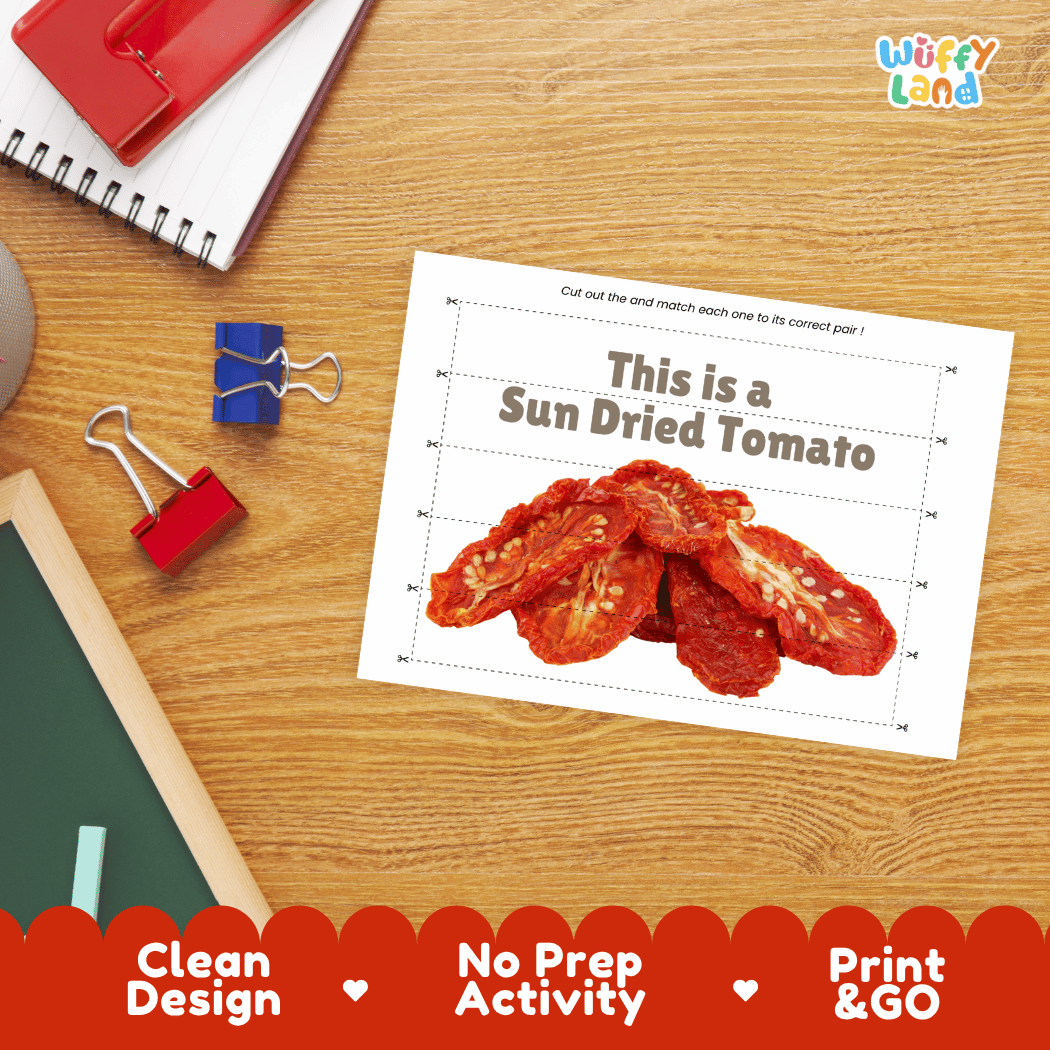 Sun Dried Tomato Cut and Match Activity Worksheets | Nuts and Dried Fruits Puzzle Printables
