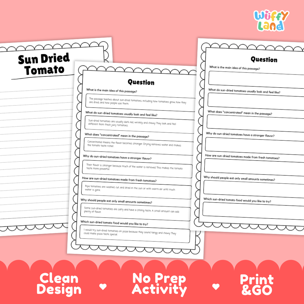Sun Dried Tomato Reading Passage and Comprehension Questions with Answer Key Worksheets