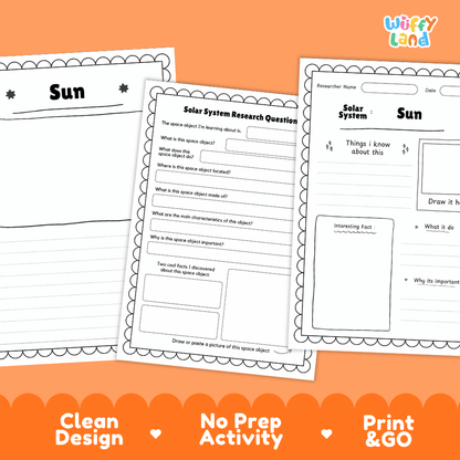 Three printable solar system activity worksheet pages shown on an orange background with marketing text at the bottom. The pages are black-and-white activity sheets titled 'Sun' and 'Solar System Research Question,' and the brand logo 'Wiffly Land' appears in the top right.