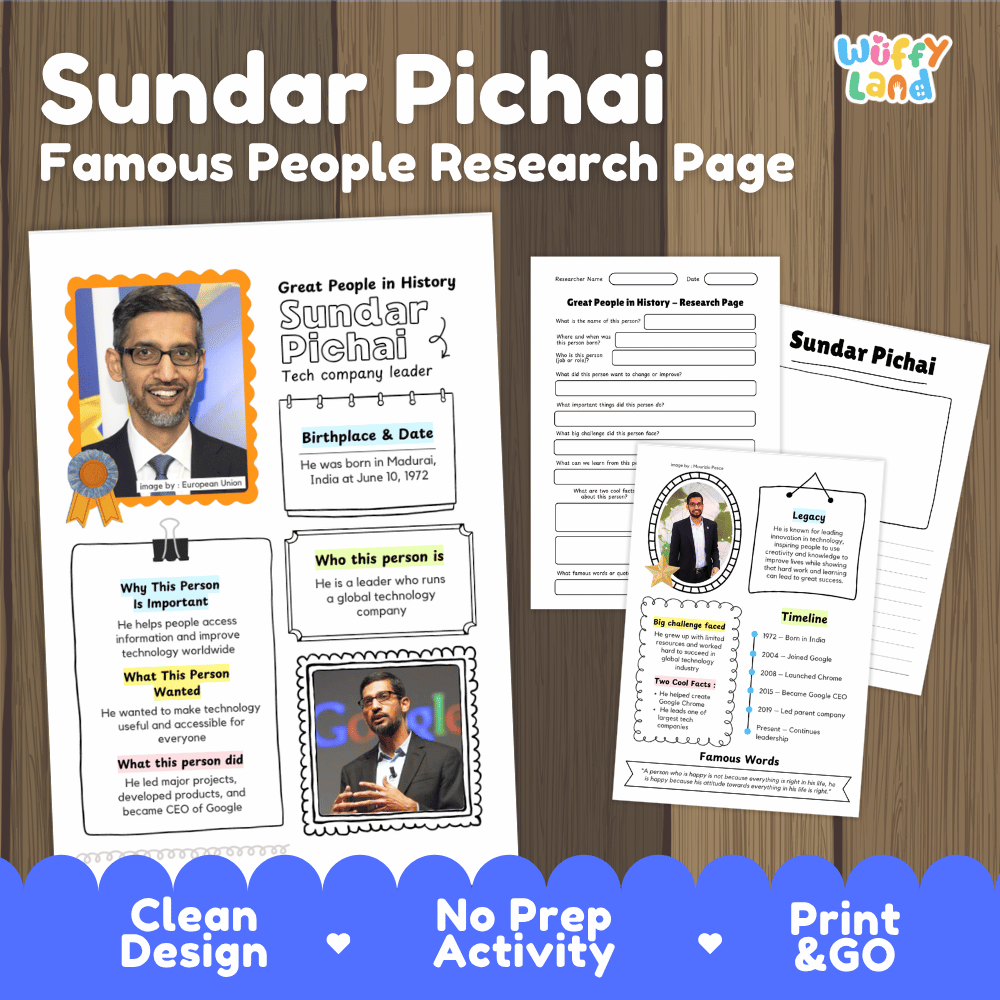 Sundar Pichai biography research worksheets pack featuring graphic organizers, timeline activity, and student writing template
