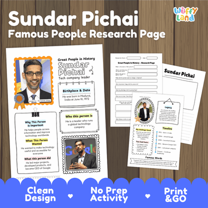 Sundar Pichai biography research worksheets pack featuring graphic organizers, timeline activity, and student writing template