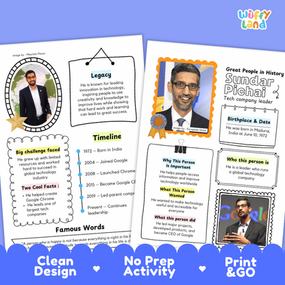 Educational biography summary worksheet featuring a chronological timeline, famous quote, and lined student writing page