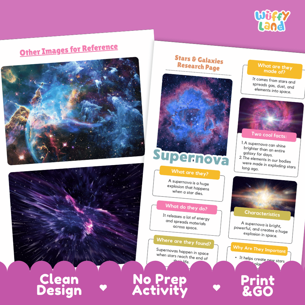 Two educational poster sheets from Wiffly Land about supernovae, displayed on a pink background with the text 'Other Images for Reference' and 'Clean Design No Prep Activity Print & GO'. The posters feature colorful cosmic images of supernovae and text boxes with questions and answers.