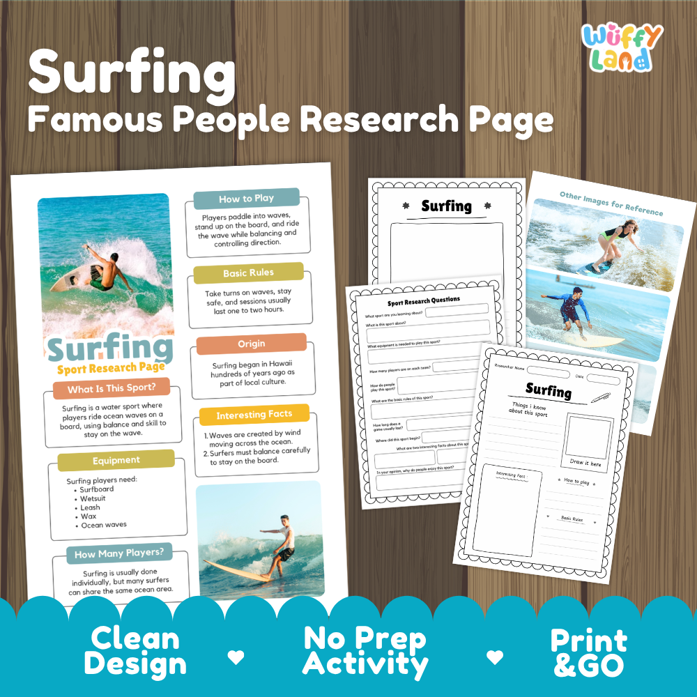 Surfing Sport Research Project Worksheets and Fact Sheet Activity