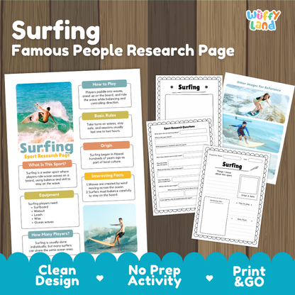 Surfing Sport Research Project Worksheets and Fact Sheet Activity