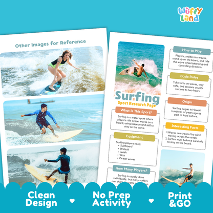 Two printed activity sheets for surfing displayed on a bright blue background. The sheets include photos of people surfing, text sections titled 'How to Play', 'Basic Rules', 'Origin', 'What is this Sport?', 'Equipment', and 'How Many Players?', along with the 'Wiffy Land' logo.