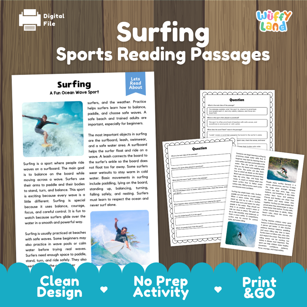 Surfing Sports Reading Passages and Comprehension Questions Worksheets