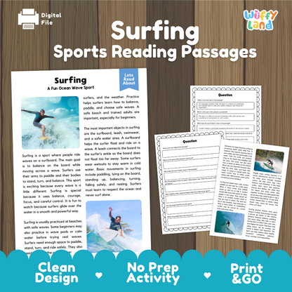 Surfing Sports Reading Passages and Comprehension Questions Worksheets