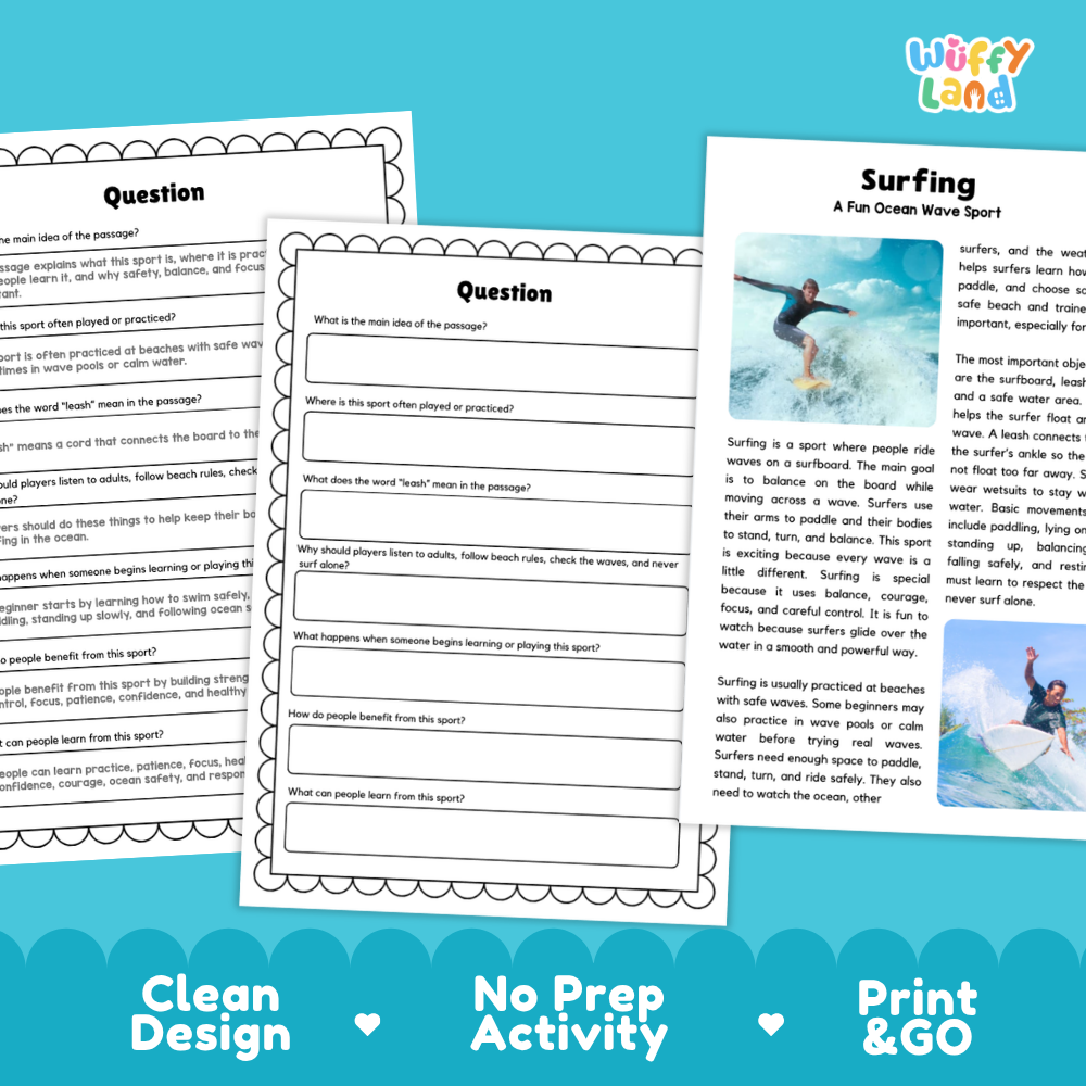 Surfing Sports Reading Passages and Comprehension Questions Worksheets